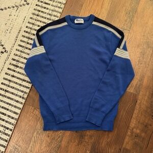 Vintage Meister 100% New Wool Knit Sweater Mens Large Blue Stripe Ski Retro 80s